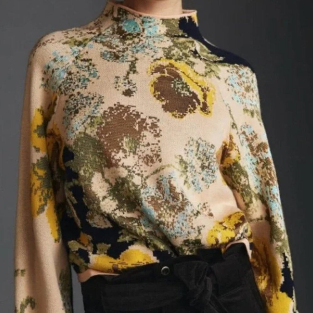 Super Versatile Anthropologie Beatriz Mockneck Textured Knit Floral Sweater